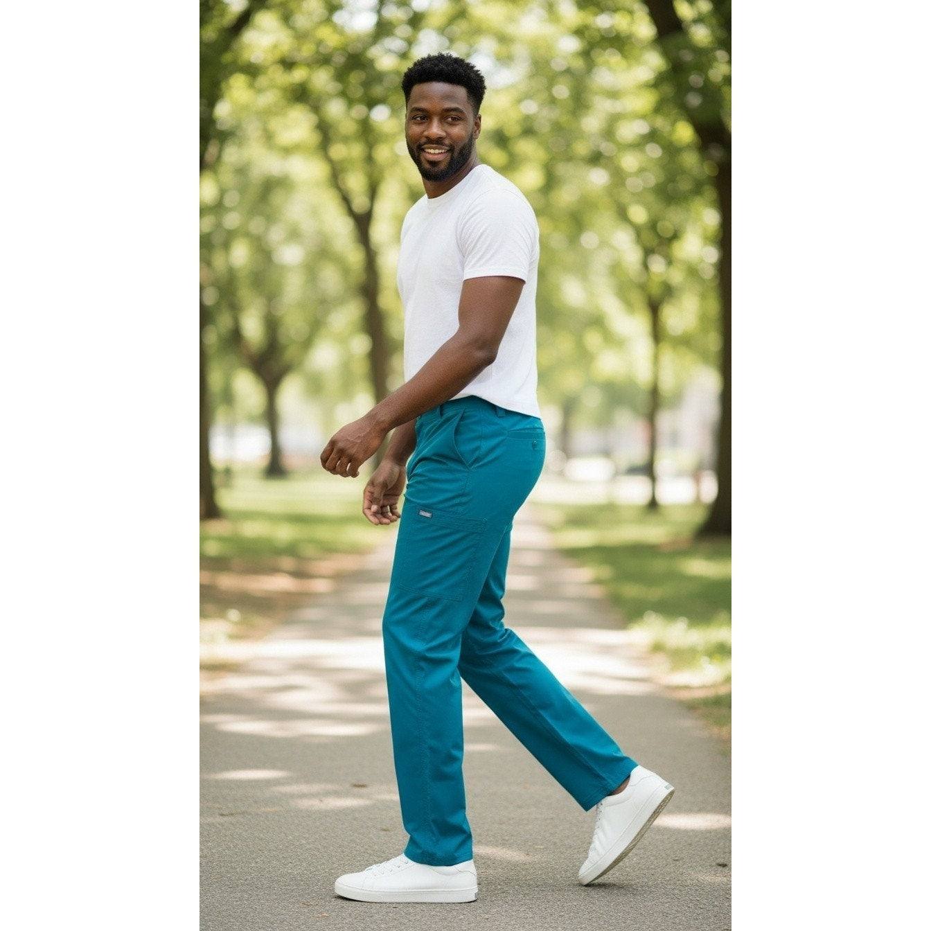 Cherokee Euphoria men’s teal blue cargo scrub pants CK205A size L with utility pockets and antimicrobial fabric