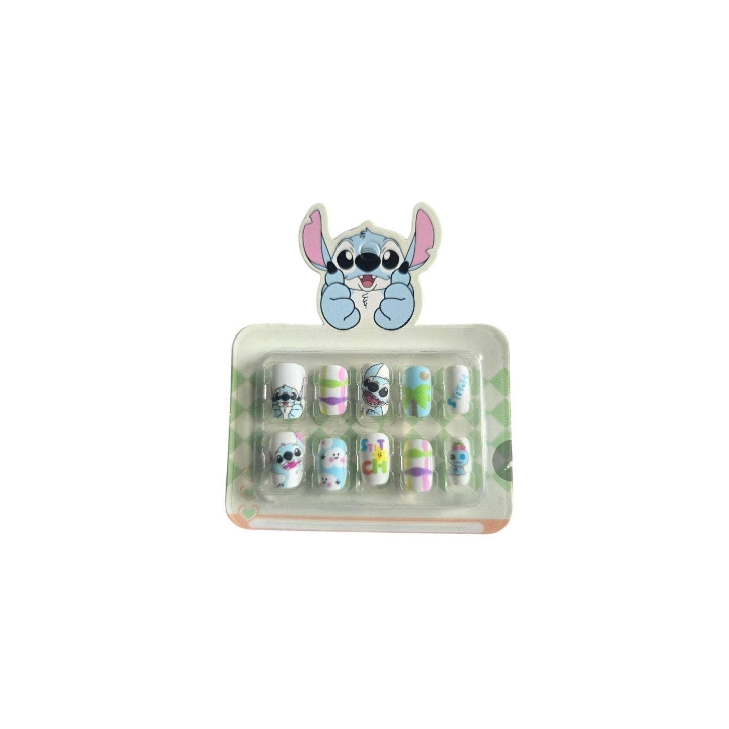 Kids Stitch-inspired glow-in-the-dark press-on nails with pastel blue and pink designs for children