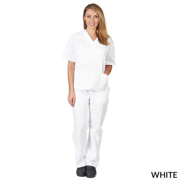 Unisex white medical scrub set with V-neck top and multiple pockets for comfort and durability