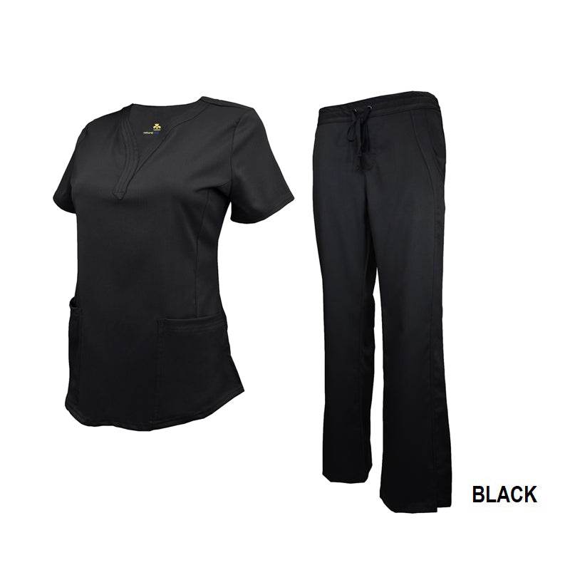 Ultra-comfortable Women's Soft Stretch scrub set in black: drop-neck top with two front pockets, matching pants. Blend: 77% Polyester, 20% Rayon, 3% Spandex. Pants feature adjustable drawstring, elastic waistband, and side pockets. Image shows comfort and functionality for healthcare workers.