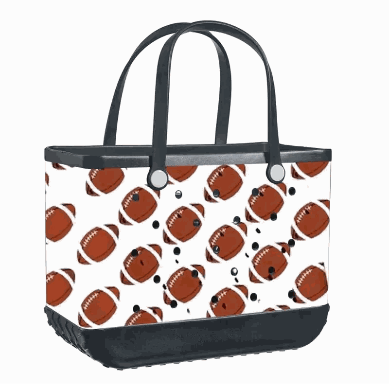 Touchdown EVA Tote with football print, durable waterproof material, and structured design.