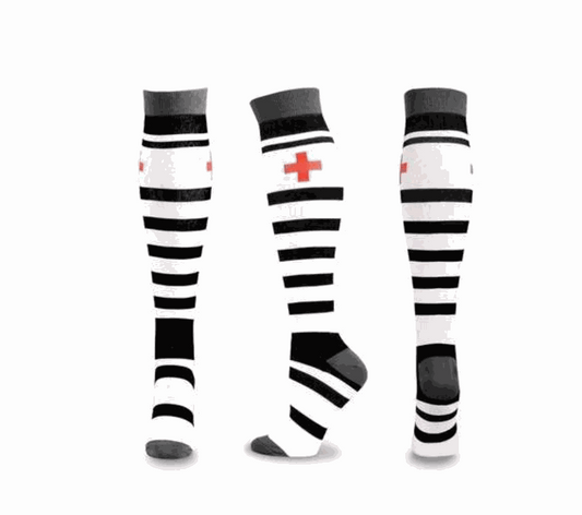 Image of compression socks: Knee-high stockings in various colors, showcasing their 20-30 mmHg compression level. The socks are displayed on leg models, emphasizing their benefits for circulation, edema, diabetes, and varicose veins.