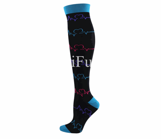 Image of compression socks: Knee-high stockings in various colors, showcasing their 20-30 mmHg compression level. The socks are displayed on leg models, emphasizing their benefits for circulation, edema, diabetes, and varicose veins.