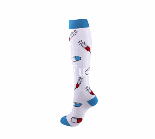 Image of compression socks: Knee-high stockings in various colors, showcasing their 20-30 mmHg compression level. The socks are displayed on leg models, emphasizing their benefits for circulation, edema, diabetes, and varicose veins.