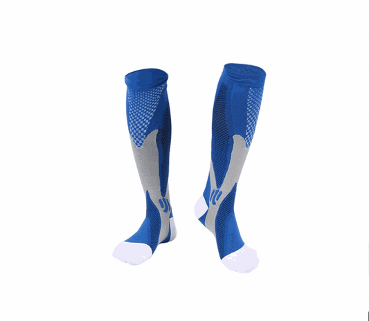 Knee-high compression socks in various colors, showcasing their 20-30 mmHg compression level. The socks are displayed on leg models, emphasizing their benefits for circulation, edema, diabetes, and varicose veins.