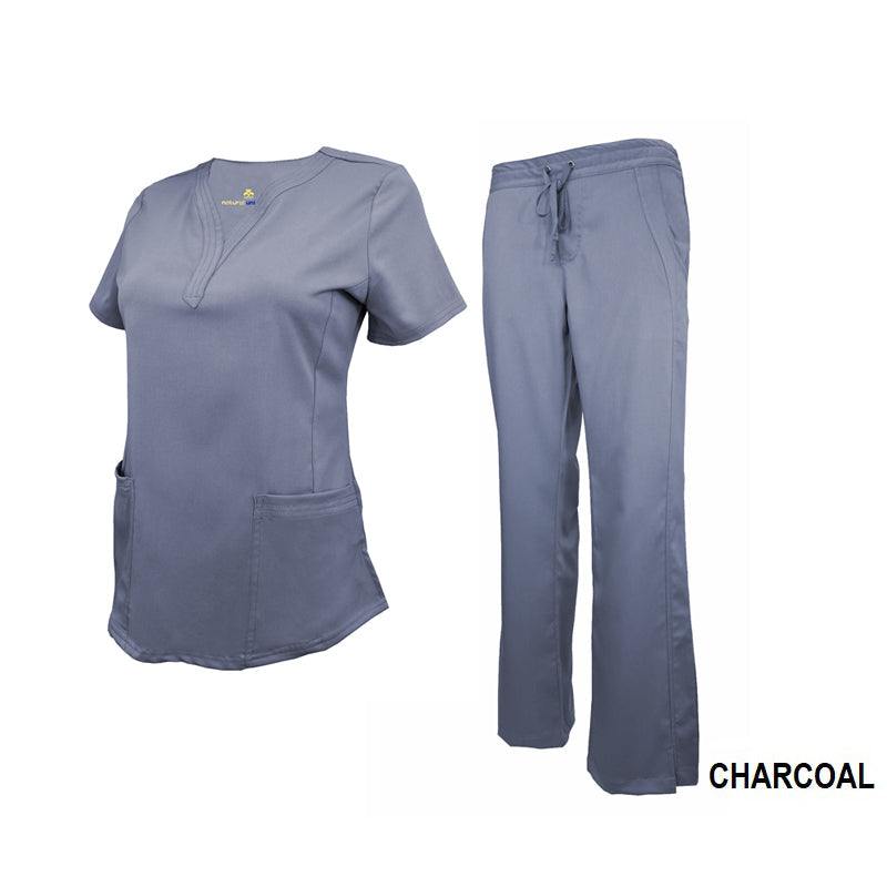 Ultra-comfortable Women's Soft Stretch scrub set in charcoal: drop-neck top with two front pockets, matching pants. Blend: 77% Polyester, 20% Rayon, 3% Spandex. Pants feature adjustable drawstring, elastic waistband, and side pockets. Image shows comfort and functionality for healthcare workers.