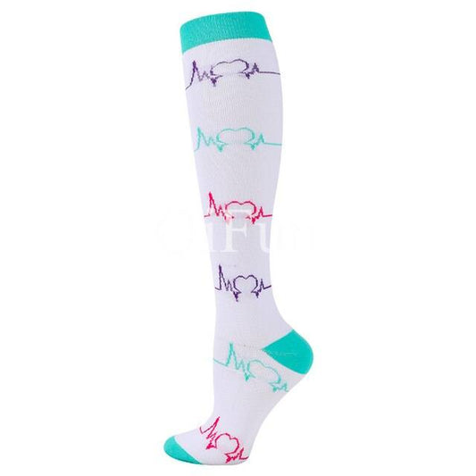 Image of compression socks: Knee-high stockings in various colors, showcasing their 20-30 mmHg compression level. The socks are displayed on leg models, emphasizing their benefits for circulation, edema, diabetes, and varicose veins.
