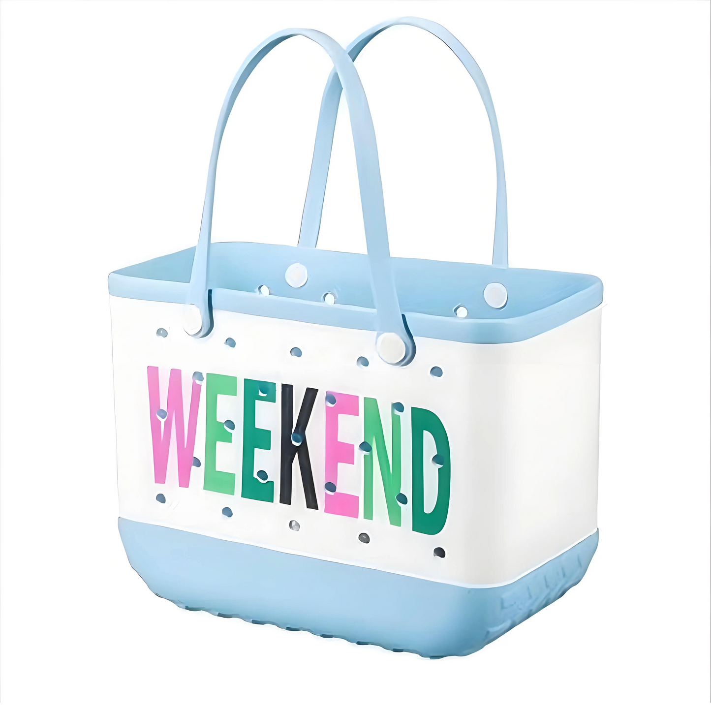 Light blue and white tote bag with colorful WEEKEND print and sturdy handles for beach trips and casual outings