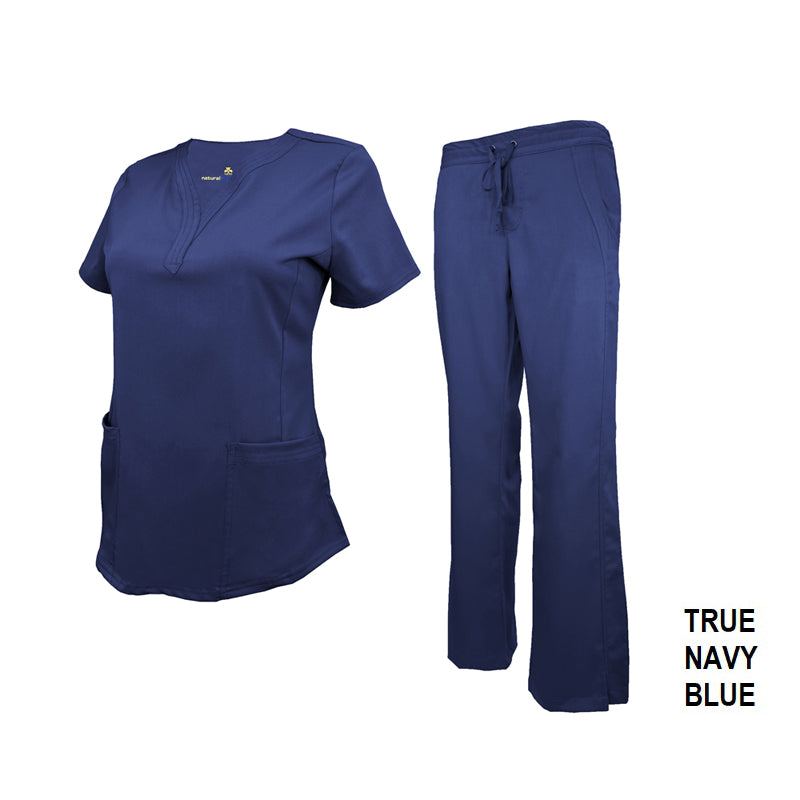 Ultra-comfortable Women's Soft Stretch scrub set in true navy blue: drop-neck top with two front pockets, matching pants. Blend: 77% Polyester, 20% Rayon, 3% Spandex. Pants feature adjustable drawstring, elastic waistband, and side pockets. Image shows comfort and functionality for healthcare workers.