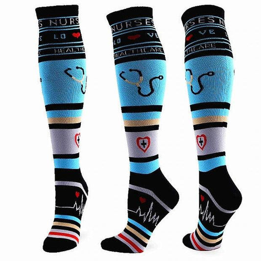 Image of compression socks: Knee-high stockings in various colors, showcasing their 20-30 mmHg compression level. The socks are displayed on leg models, emphasizing their benefits for circulation, edema, diabetes, and varicose veins.