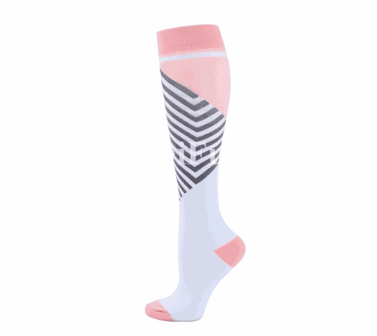 Image of compression socks: Knee-high stockings in various colors, showcasing their 20-30 mmHg compression level. The socks are displayed on leg models, emphasizing their benefits for circulation, edema, diabetes, and varicose veins.