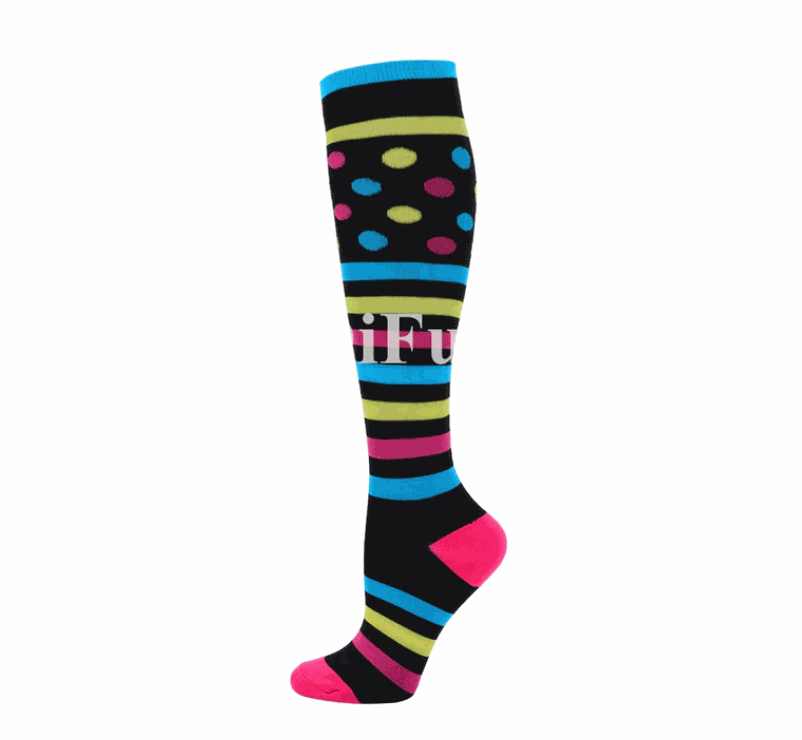 Image of compression socks: Knee-high stockings in various colors, showcasing their 20-30 mmHg compression level. The socks are displayed on leg models, emphasizing their benefits for circulation, edema, diabetes, and varicose veins.