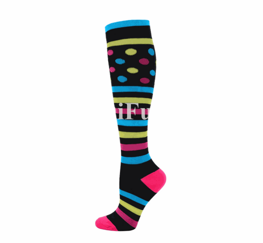 Image of compression socks: Knee-high stockings in various colors, showcasing their 20-30 mmHg compression level. The socks are displayed on leg models, emphasizing their benefits for circulation, edema, diabetes, and varicose veins.