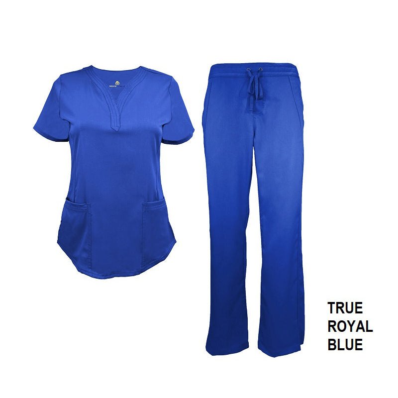 Ultra-comfortable Women's Soft Stretch scrub set in true royal blue: drop-neck top with two front pockets, matching pants. Blend: 77% Polyester, 20% Rayon, 3% Spandex. Pants feature adjustable drawstring, elastic waistband, and side pockets. Image shows comfort and functionality for healthcare workers.