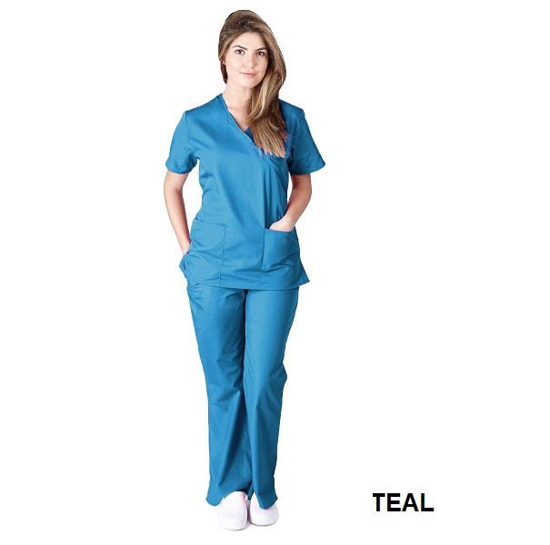 Female healthcare professional wearing teal Mock Wrap Scrub Set. Image shows two front pockets on the scrub top, highlighting the set's functionality and comfort in a medical setting.