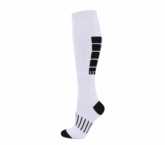 Image of compression socks: Knee-high stockings in various colors, showcasing their 20-30 mmHg compression level. The socks are displayed on leg models, emphasizing their benefits for circulation, edema, diabetes, and varicose veins.