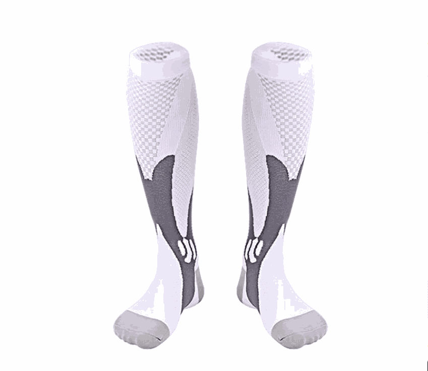 Image of compression socks: Knee-high stockings in various colors, showcasing their 20-30 mmHg compression level. The socks are displayed on leg models, emphasizing their benefits for circulation, edema, diabetes, and varicose veins.
