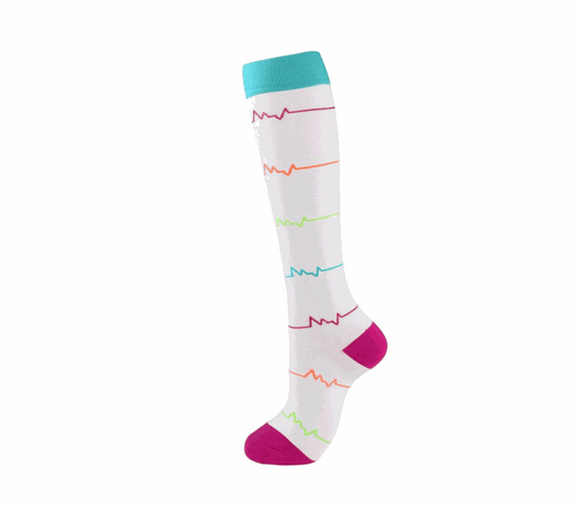 Image of compression socks: Knee-high stockings in various colors, showcasing their 20-30 mmHg compression level. The socks are displayed on leg models, emphasizing their benefits for circulation, edema, diabetes, and varicose veins.