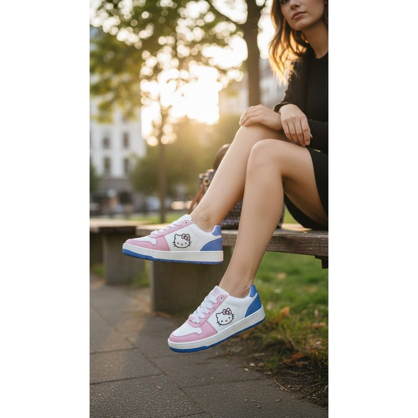 Hello Kitty low top sneakers in pink white and blue with lace-up design and Hello Kitty graphic