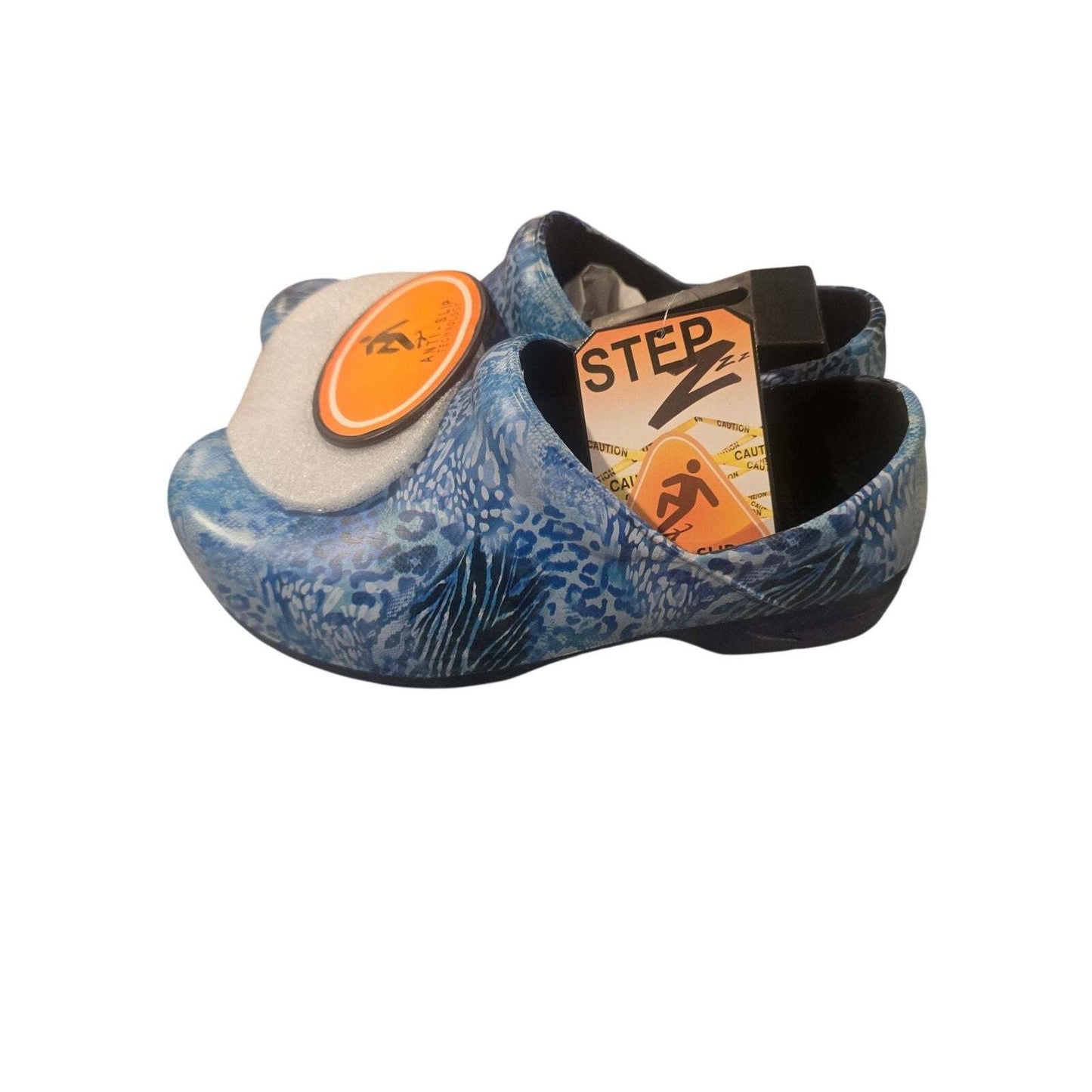 Step Z Anti-Slip blue patterned memory foam work clogs size 7 for women, slip-on, lightweight, with anti-slip technology