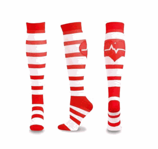 Image of compression socks: Knee-high stockings in various colors, showcasing their 20-30 mmHg compression level. The socks are displayed on leg models, emphasizing their benefits for circulation, edema, diabetes, and varicose veins.