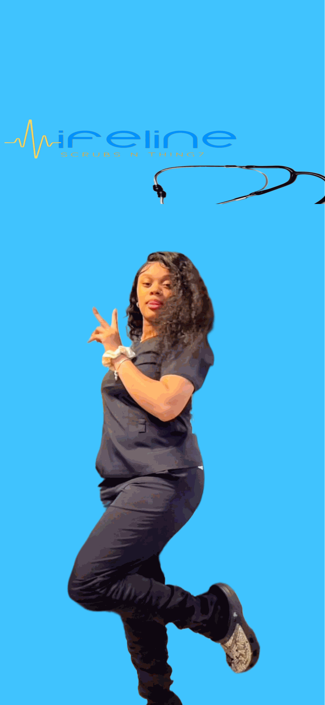 Medical professional wearing stylish stacked jogger scrub set in black against blue background