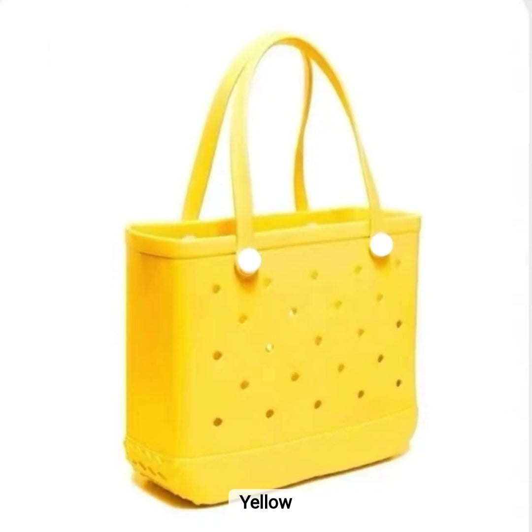 Bright yellow EVA utility tote bag with ventilated design, waterproof and durable, ideal for travel, shopping, beach, and everyday use.