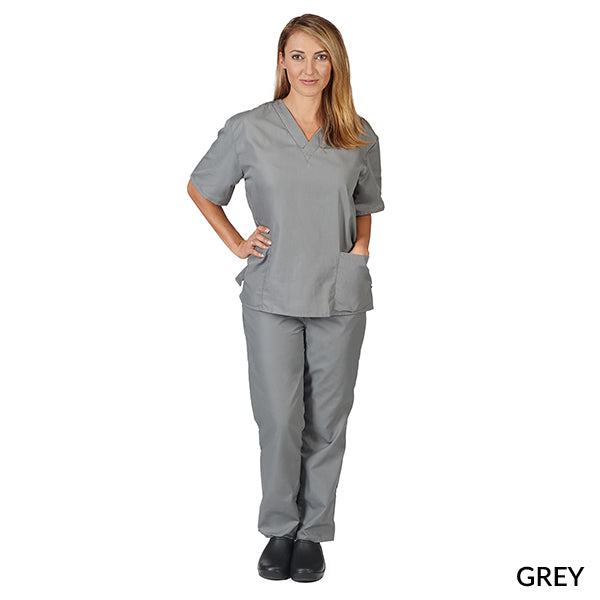 Healthcare professional wearing a unisex scrub set in grey color. The V-neck top features two lower inset patch pockets with side vents. The pants have two side pockets and two back pockets, with a half drawstring and half elastic waistband for adjustable fit.