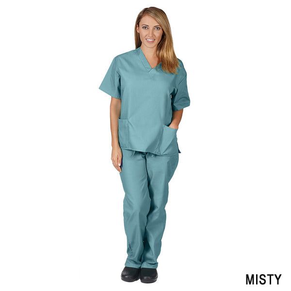 Healthcare professional wearing a unisex scrub set in cadet blue color. The V-neck top features two lower inset patch pockets with side vents. The pants have two side pockets and two back pockets, with a half drawstring and half elastic waistband for adjustable fit.