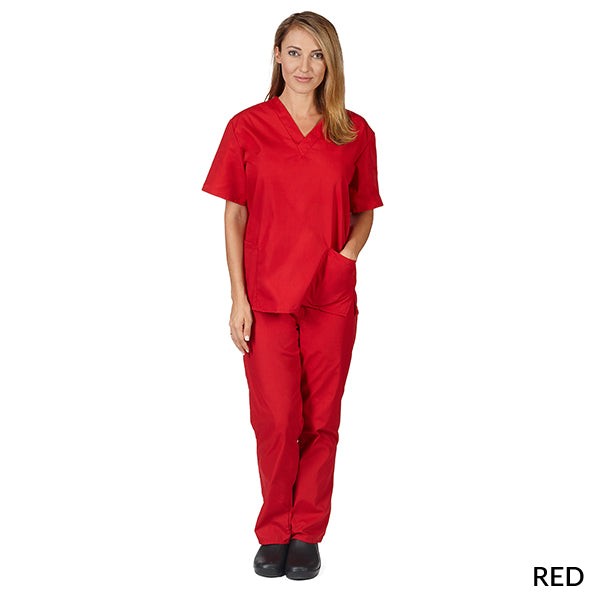 Healthcare professional wearing a unisex scrub set in red color. The V-neck top features two lower inset patch pockets with side vents. The pants have two side pockets and two back pockets, with a half drawstring and half elastic waistband for adjustable fit.