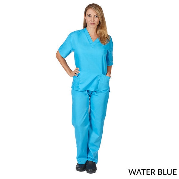 Healthcare professional wearing a unisex scrub set in water blue color. The V-neck top features two lower inset patch pockets with side vents. The pants have two side pockets and two back pockets, with a half drawstring and half elastic waistband for adjustable fit.
