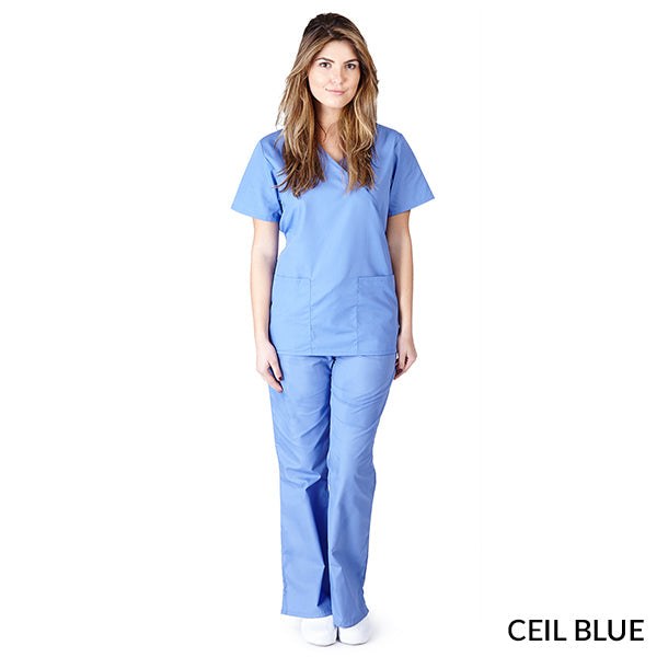 Female healthcare professional wearing ceil blue Mock Wrap Scrub Set. Image shows two front pockets on the scrub top, highlighting the set's functionality and comfort in a medical setting.