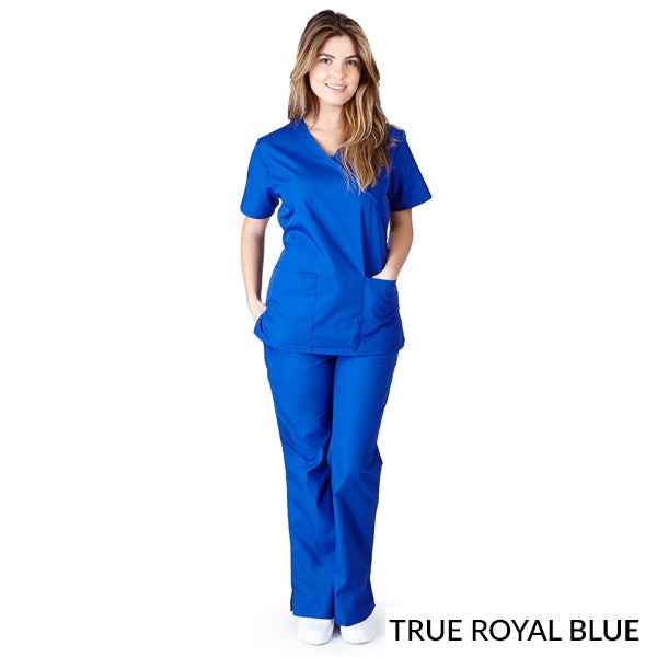 Female healthcare professional wearing true royal blue Mock Wrap Scrub Set. Image shows two front pockets on the scrub top, highlighting the set's functionality and comfort in a medical setting.