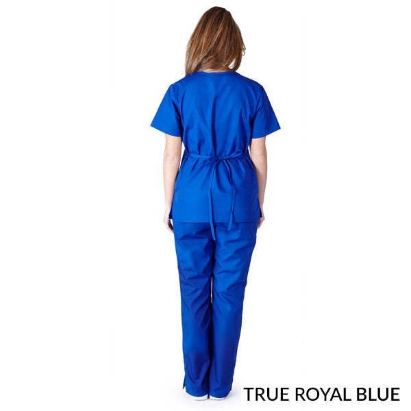 Female healthcare professional wearing true royal blue Mock Wrap Scrub Set. Image shows two front pockets on the scrub top, highlighting the set's functionality and comfort in a medical setting.
