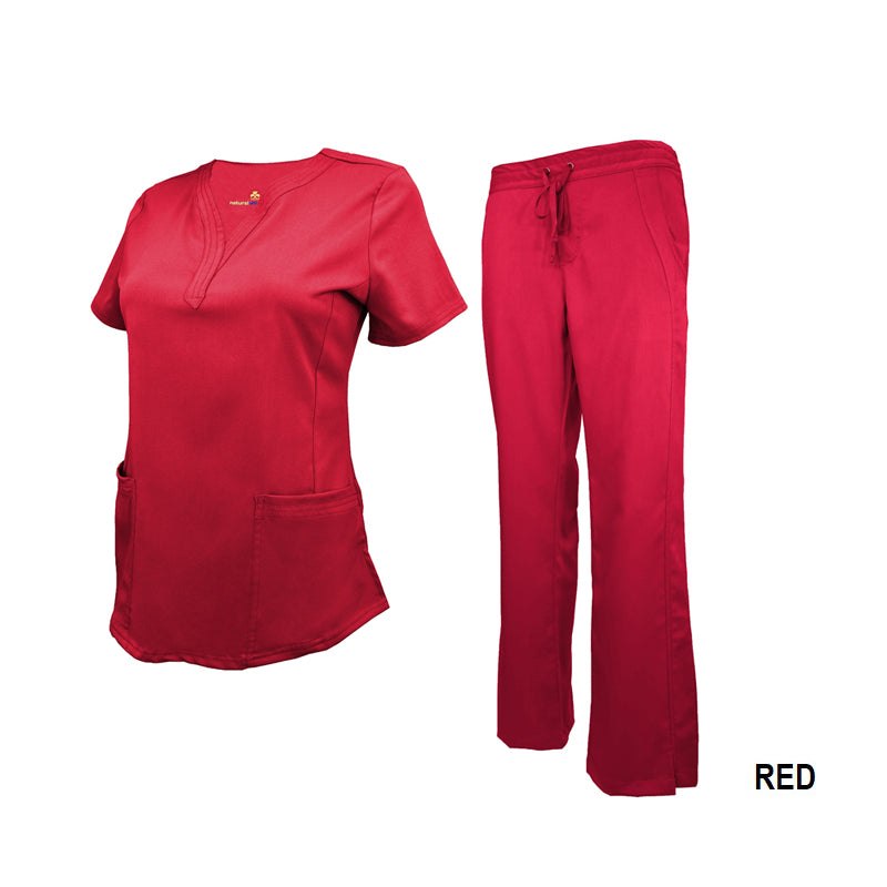 Ultra-comfortable Women's Soft Stretch scrub set in red: drop-neck top with two front pockets, matching pants. Blend: 77% Polyester, 20% Rayon, 3% Spandex. Pants feature adjustable drawstring, elastic waistband, and side pockets. Image shows comfort and functionality for healthcare workers.
