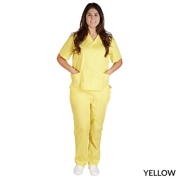 Healthcare professional wearing a unisex scrub set in yellow color. The V-neck top features two lower inset patch pockets with side vents. The pants have two side pockets and two back pockets, with a half drawstring and half elastic waistband for adjustable fit.