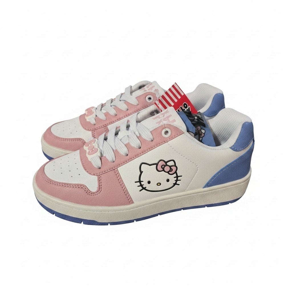 Hello Kitty low top sneakers in pink, white, and blue with lace-up design and Hello Kitty graphic on side