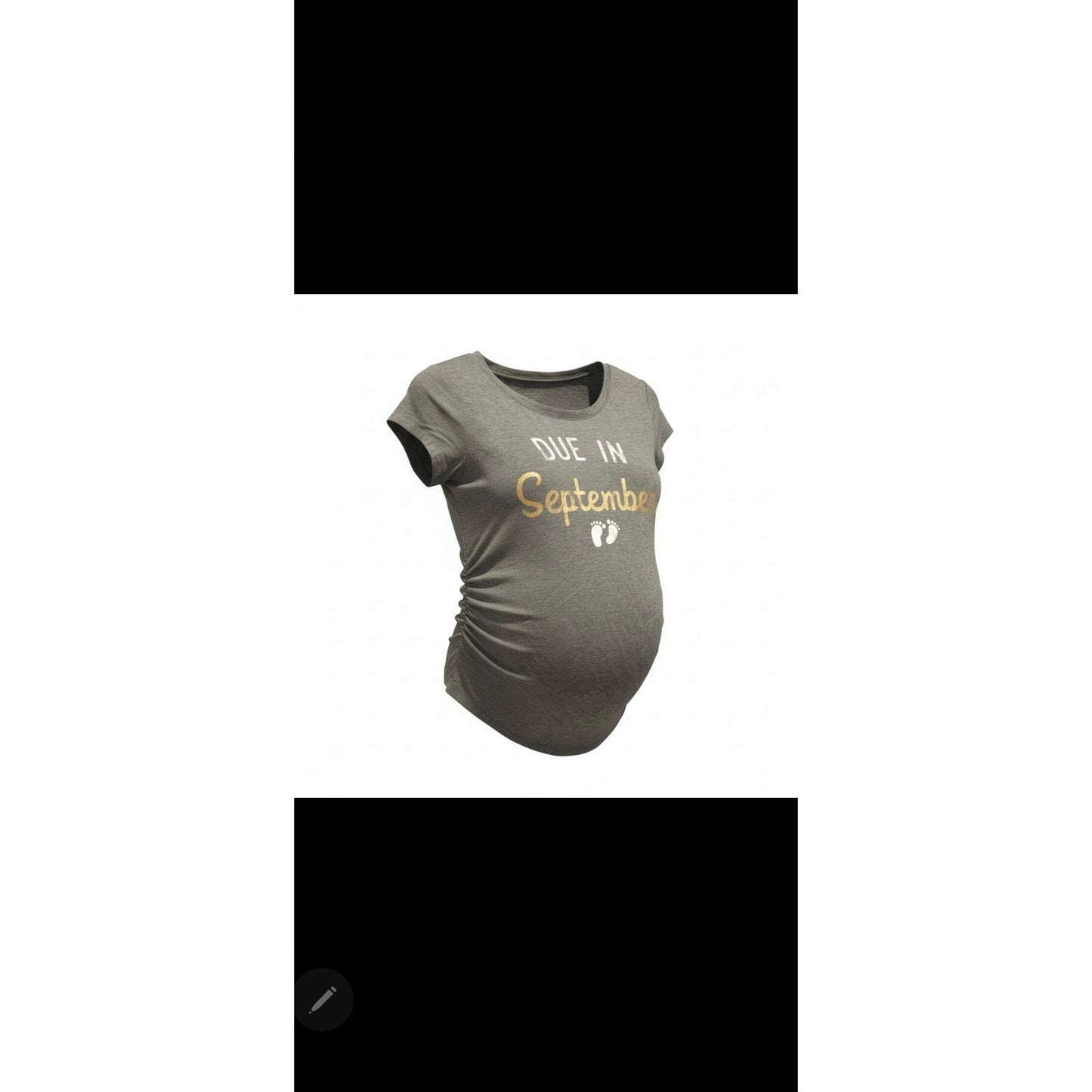 Maternity shirt with "Due in September" graphic, soft stretchy fabric, flattering fit over belly