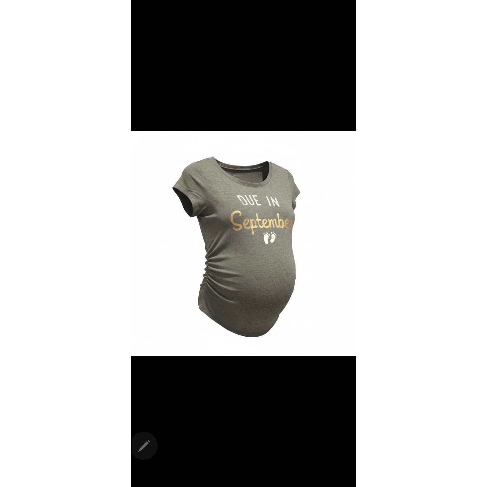 Maternity shirt with "Due in September" graphic, soft stretchy fabric, flattering fit over belly