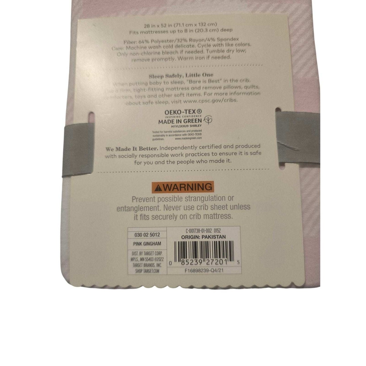 Cloud Island pink gingham crib fitted sheet 28x52 inches OEKO-TEX certified
