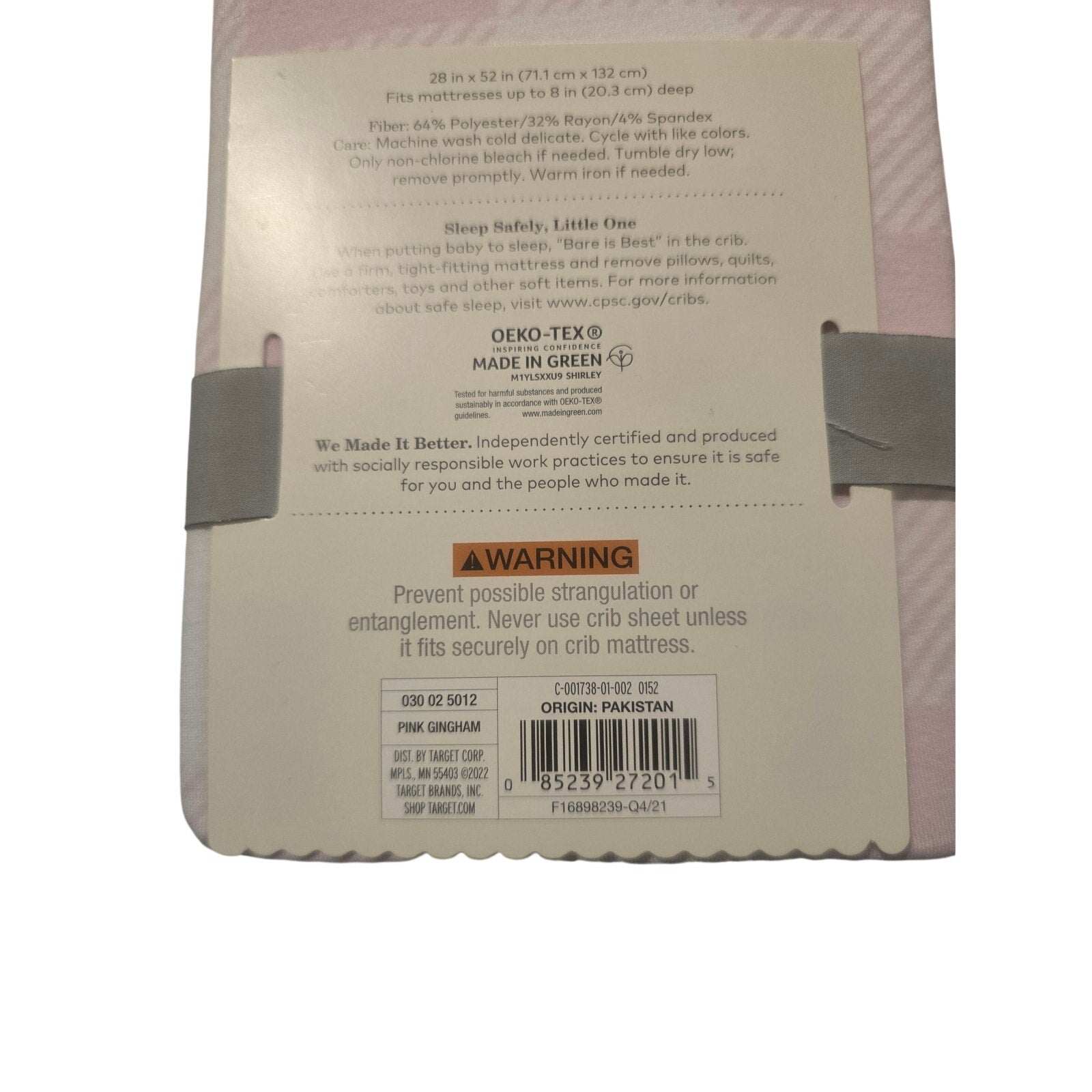 Cloud Island pink gingham crib fitted sheet 28x52 inches OEKO-TEX certified