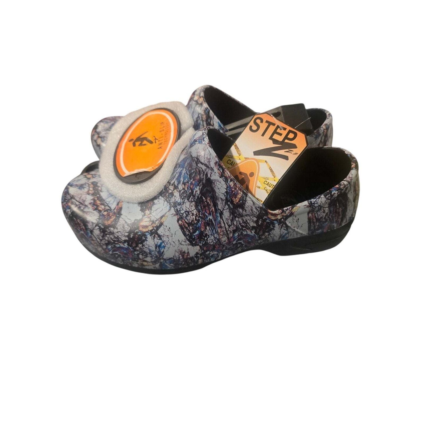 Step Z anti-slip women's size 7 memory foam work clogs with slip-resistant soles and slip-on design