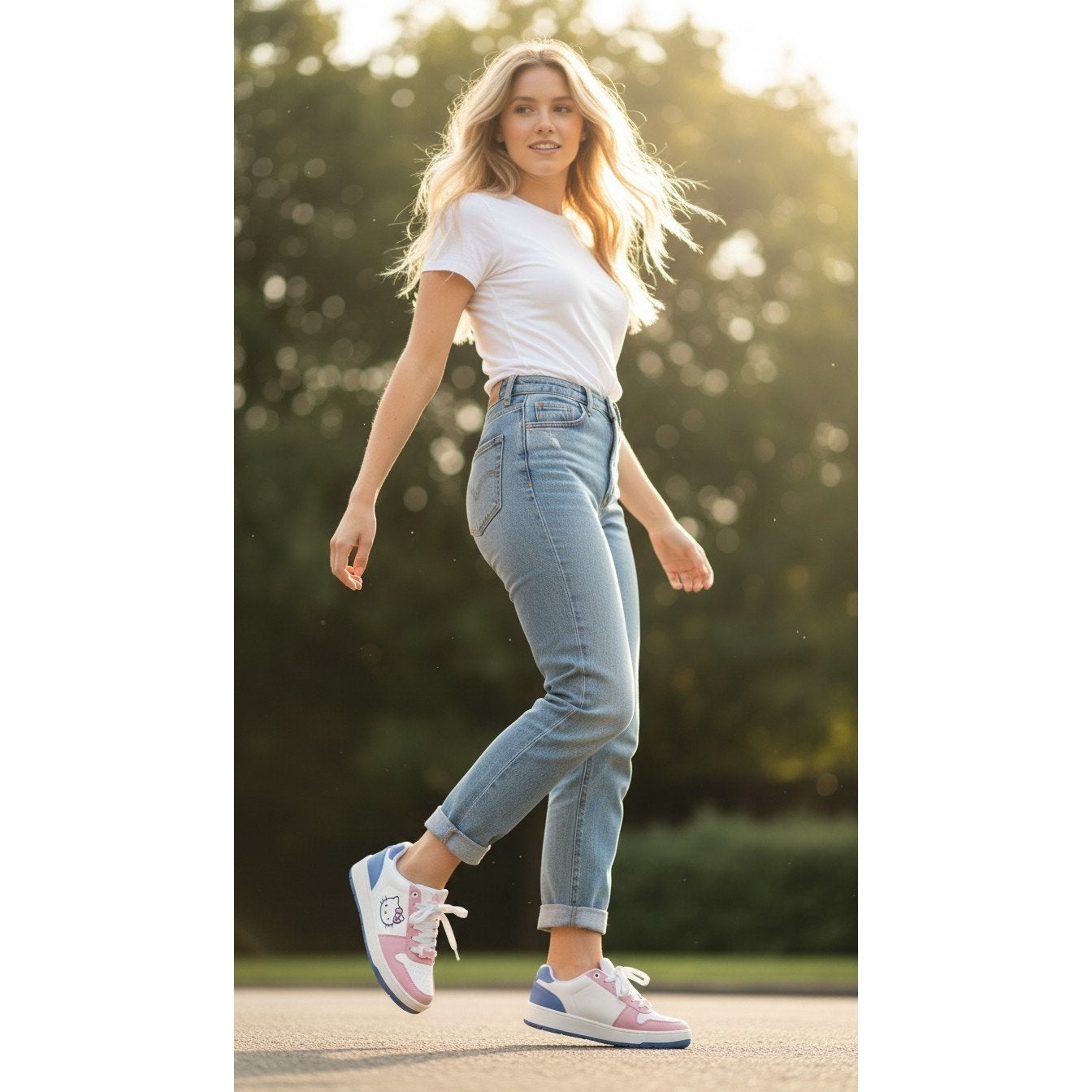 Hello Kitty low top sneakers in pink white and blue with lace-up design and Hello Kitty graphic on the side