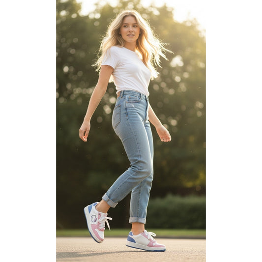 Hello Kitty low top sneakers in pink white and blue with lace-up design and Hello Kitty graphic on the side