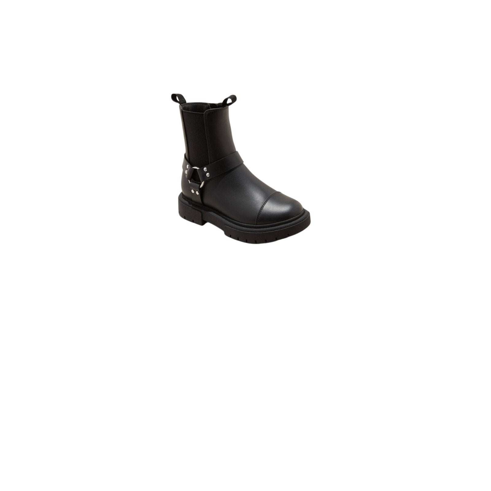 Black Art Class Kids Crosby Harness Moto Boots with side zipper and chunky lug sole size 4