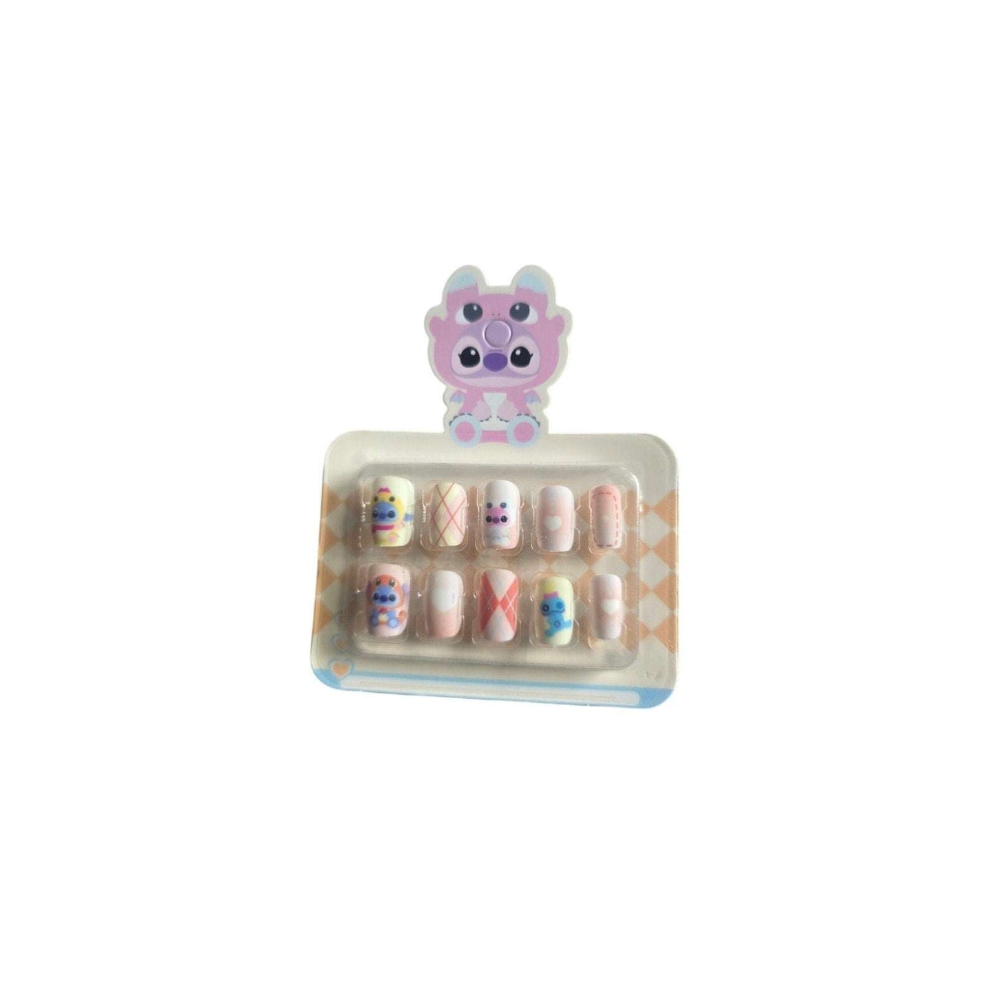 Kids Stitch-inspired press on nails short child-size glow in the dark pastel designs