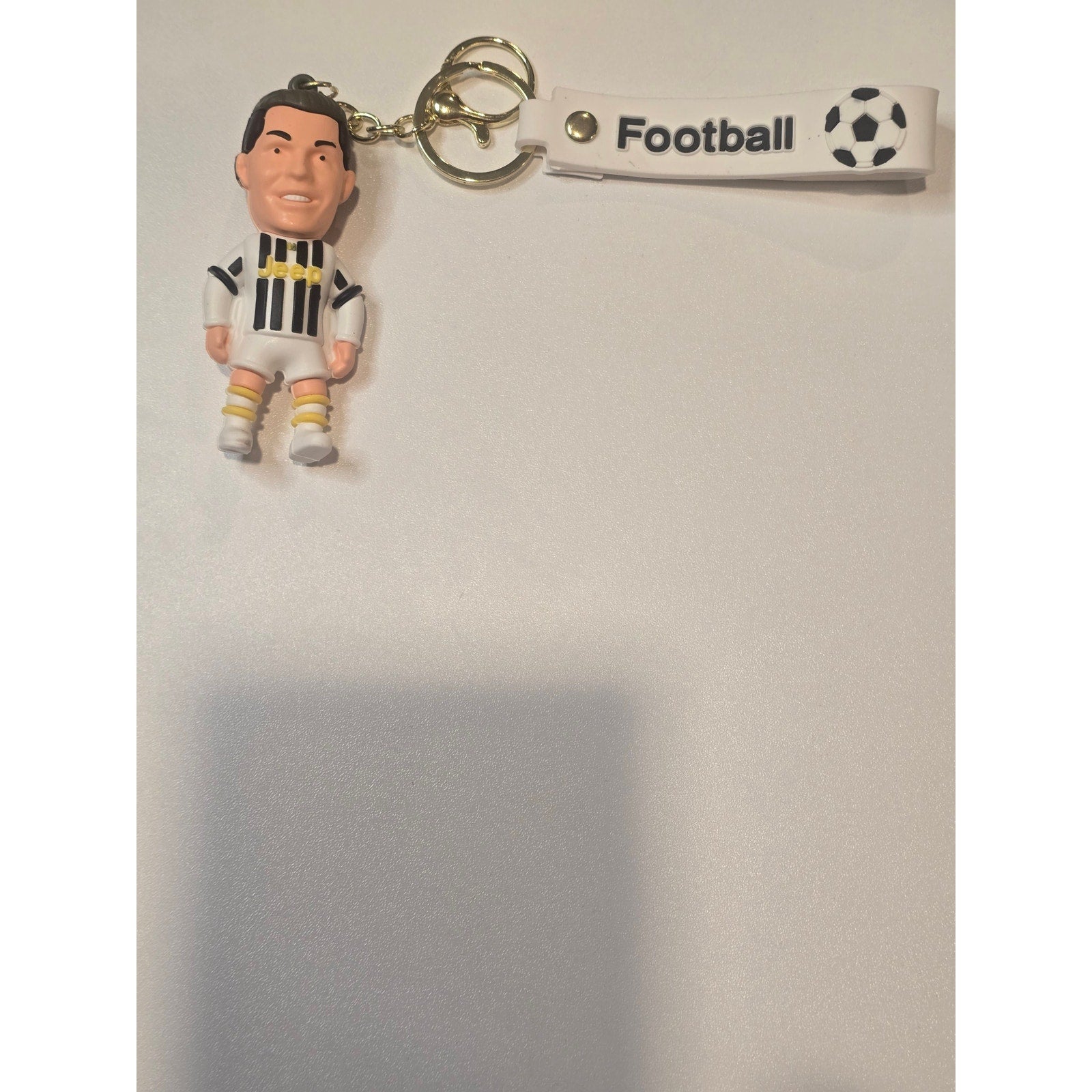 Soccer football player and World Cup themed rubber keychain with metal ring and clip in multiple styles