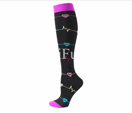 Image of compression socks: Knee-high stockings in various colors, showcasing their 20-30 mmHg compression level. The socks are displayed on leg models, emphasizing their benefits for circulation, edema, diabetes, and varicose veins.