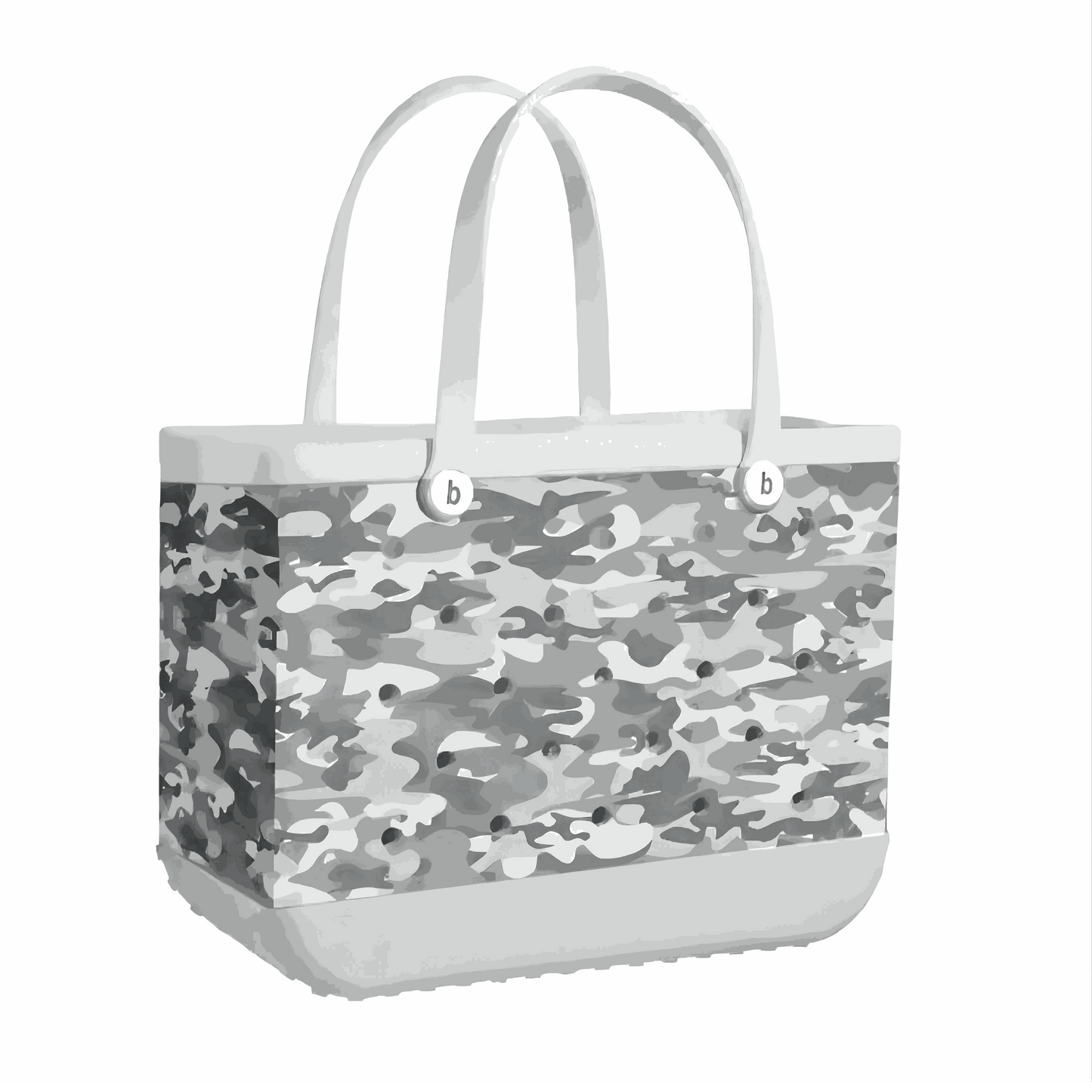 Gray camouflage tote bag with sturdy handles and spacious interior for everyday use