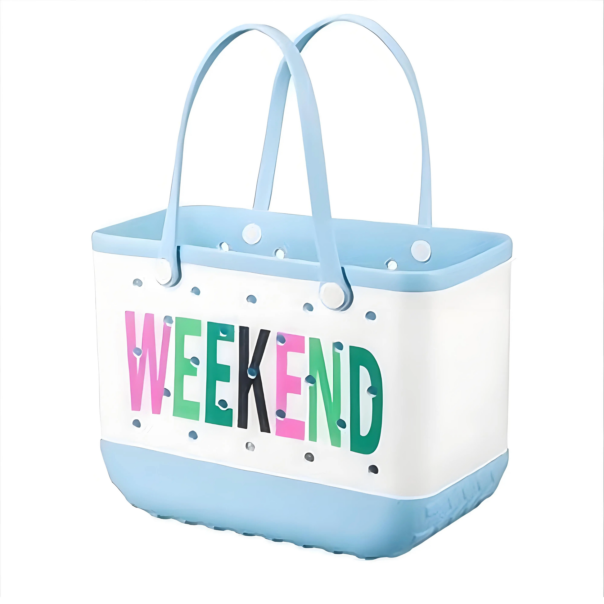 Light blue and white tote bag with colorful WEEKEND print and sturdy handles for beach trips and casual outings